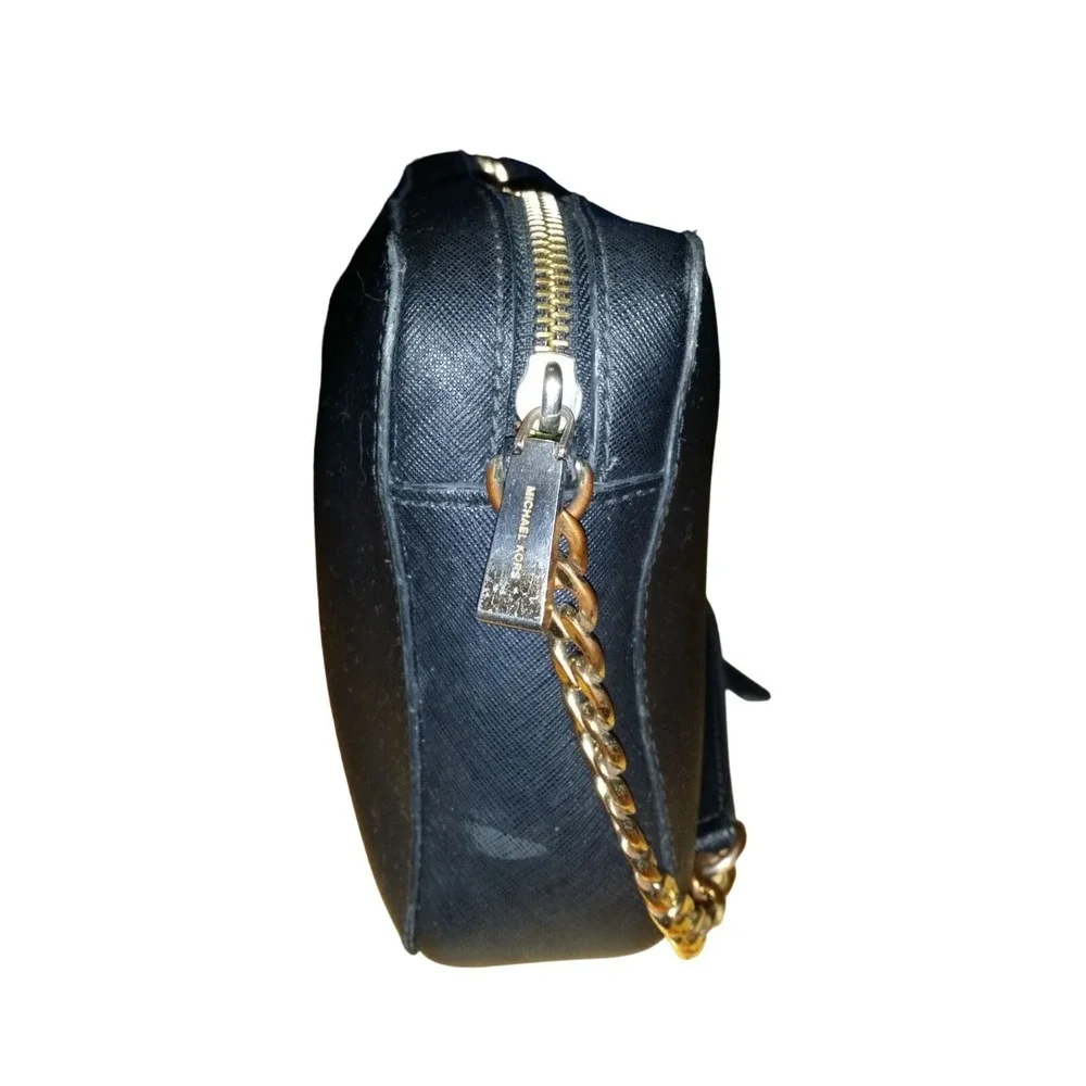 Michael Kors Jet Set Black Saffiano Leather Crossbody Bag Gold Chain Strap Purse
